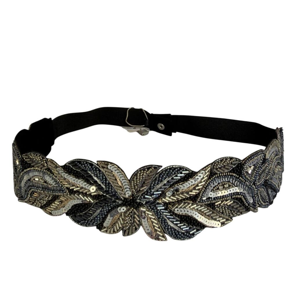 Silver Beaded Embroidered Boho Festival Floral Belt Elastic Sz 34 Waistband NWT
